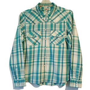 RANK 45 Shirt  Women's XL  Teal-Aqua & White Plaid  White Snap-front  Western
